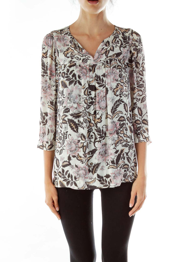 Brown Pink Floral Print Blouse