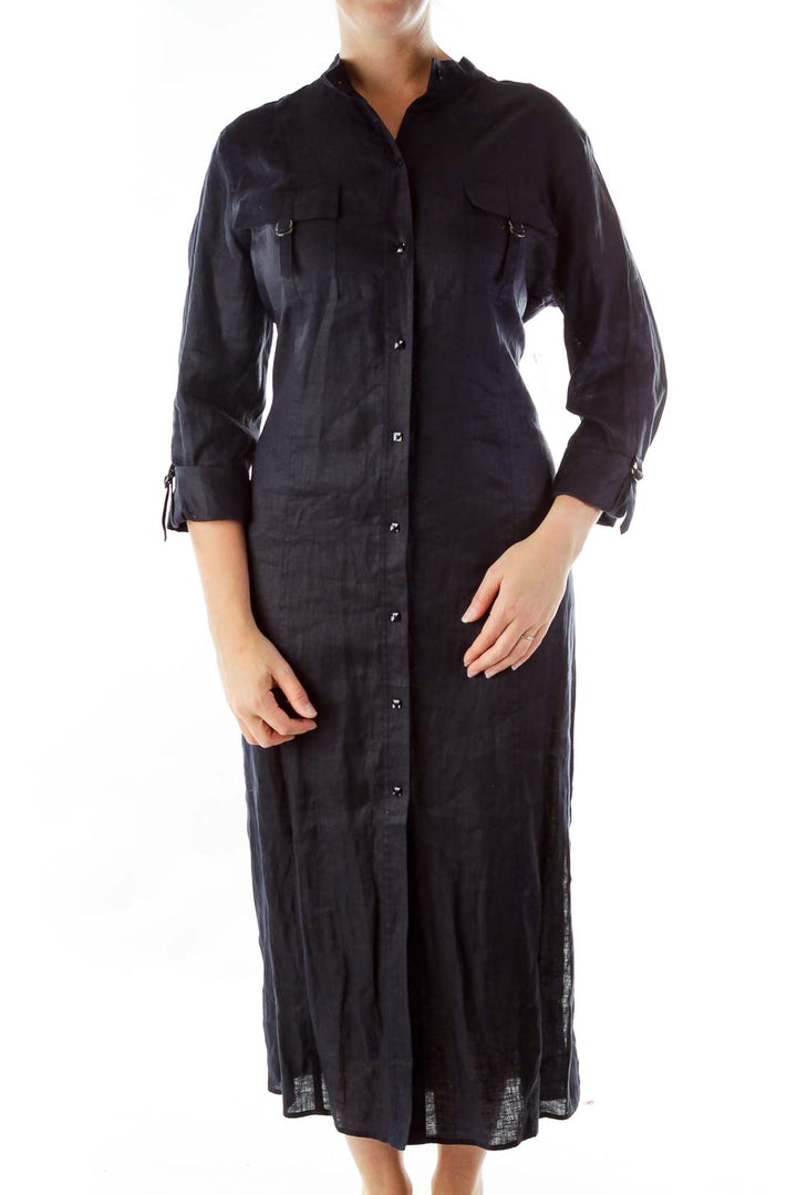 Navy Button Down Linen Dress