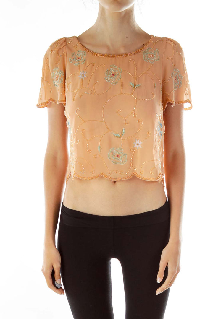 Orange Flower Beaded See-through Blouse