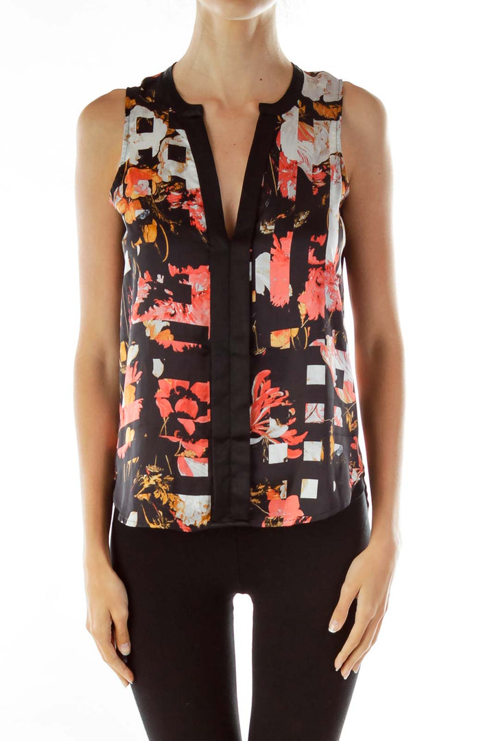 Black Orange Flower Sleeveless Blouse