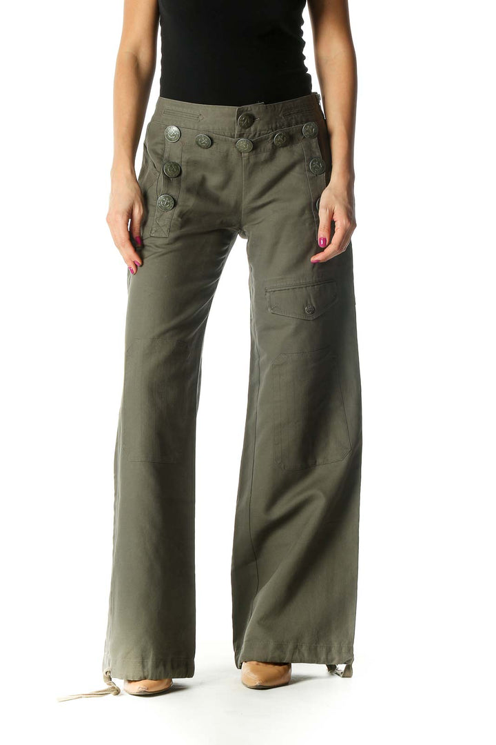 Green Buttoned Wide-Leg Pants