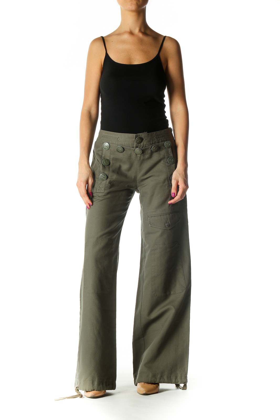 Green Buttoned Wide-Leg Pants