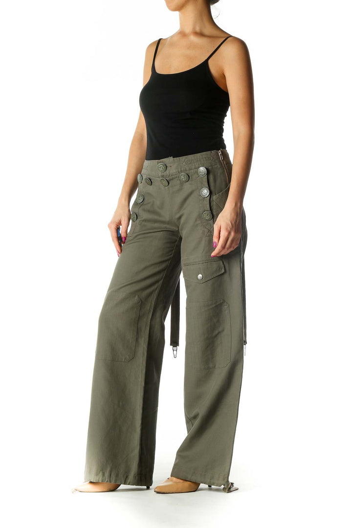 Green Buttoned Wide-Leg Pants