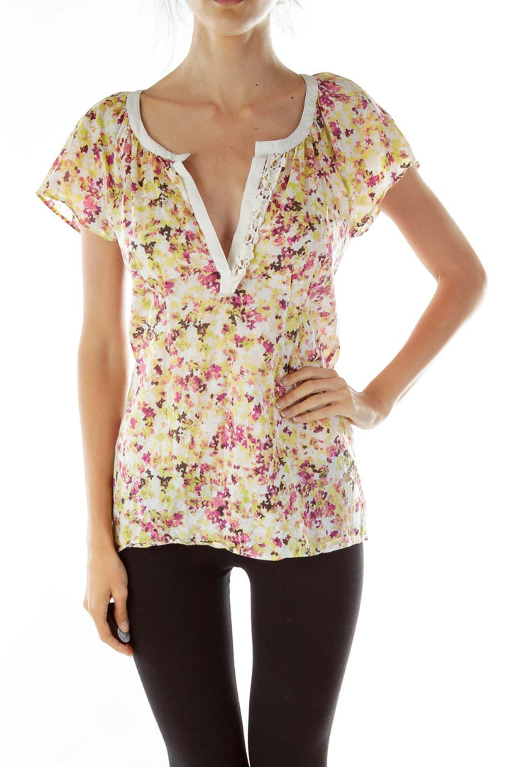 Pink Yellow Floral Brodery Blouse