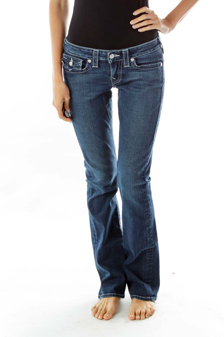 Navy Shimmer Button Straight-Leg Jeans