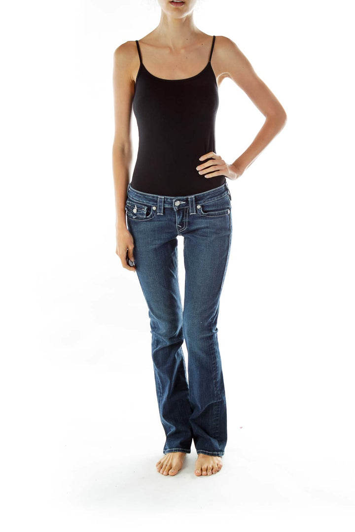 Navy Shimmer Button Straight-Leg Jeans