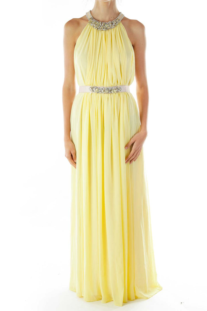 Yellow Beaded Sleeveless Evening Dress