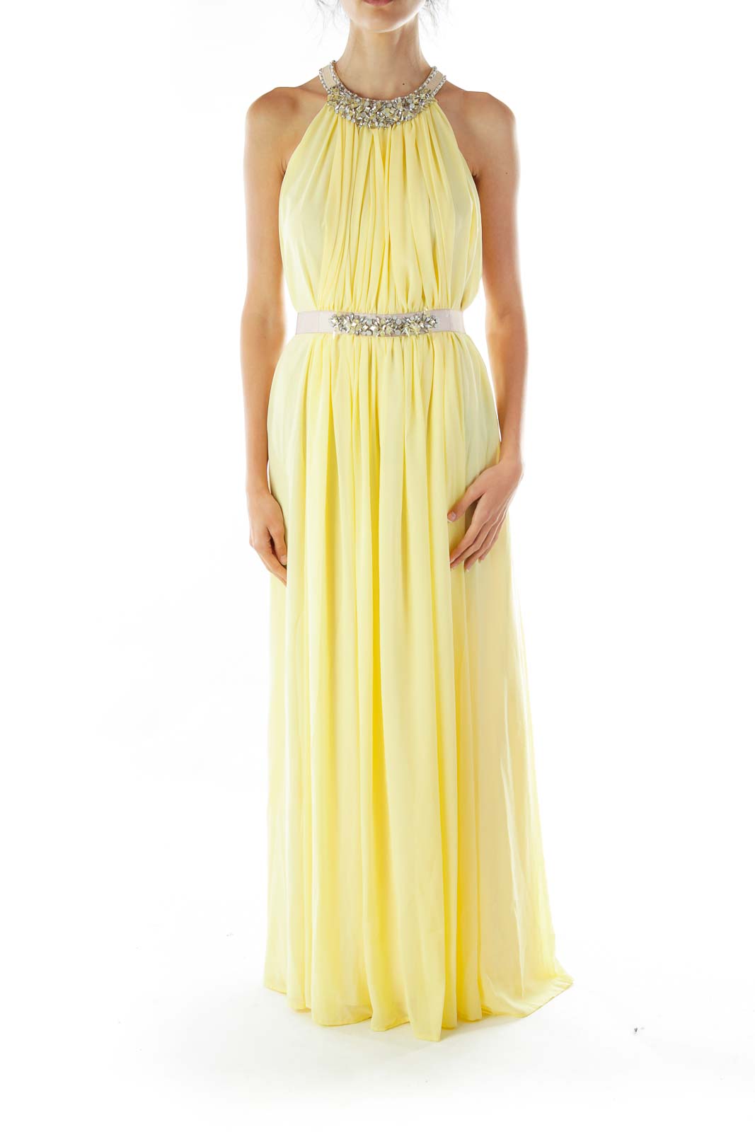 Yellow Beaded Sleeveless Evening Dress