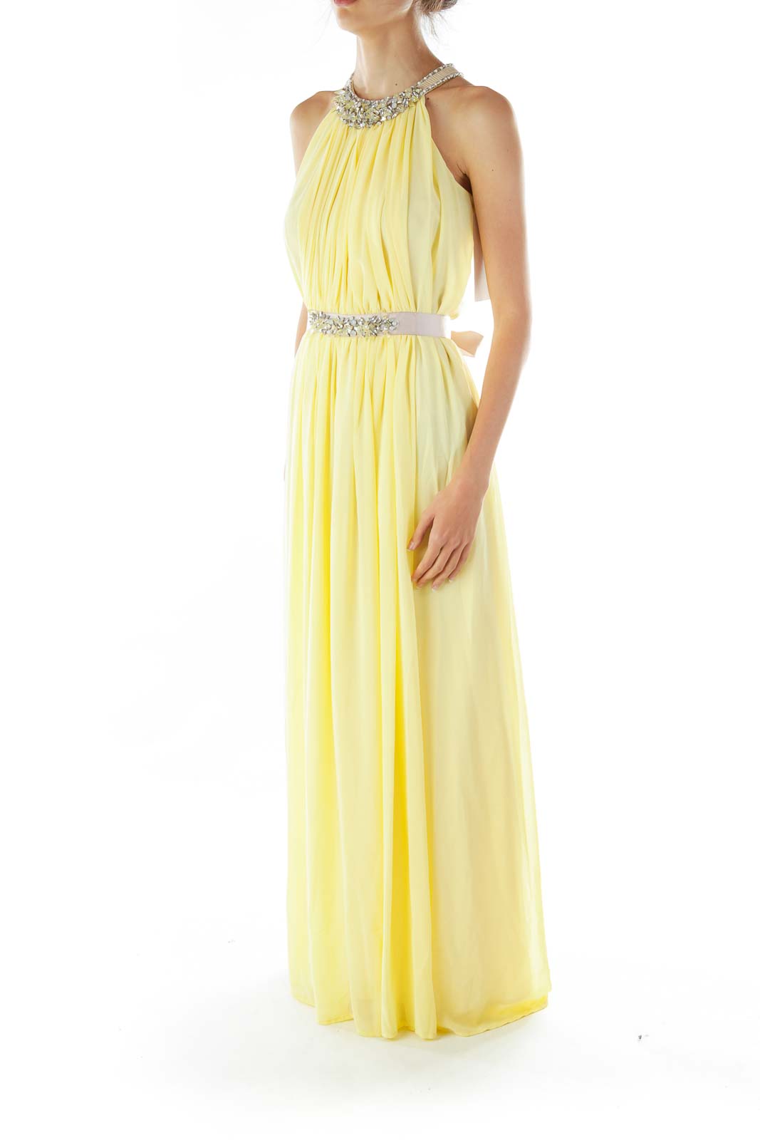 Yellow Beaded Sleeveless Evening Dress