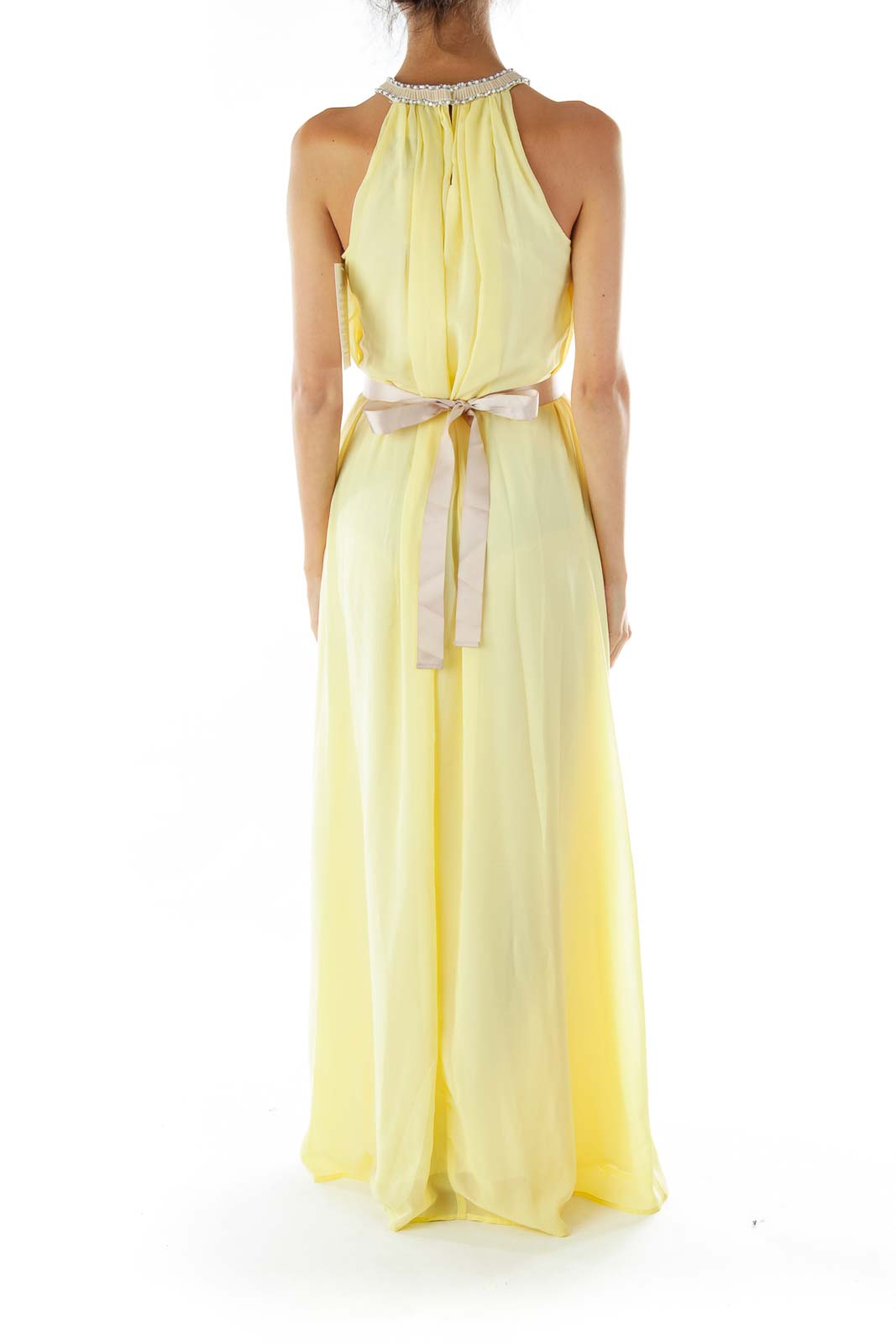 Yellow Beaded Sleeveless Evening Dress