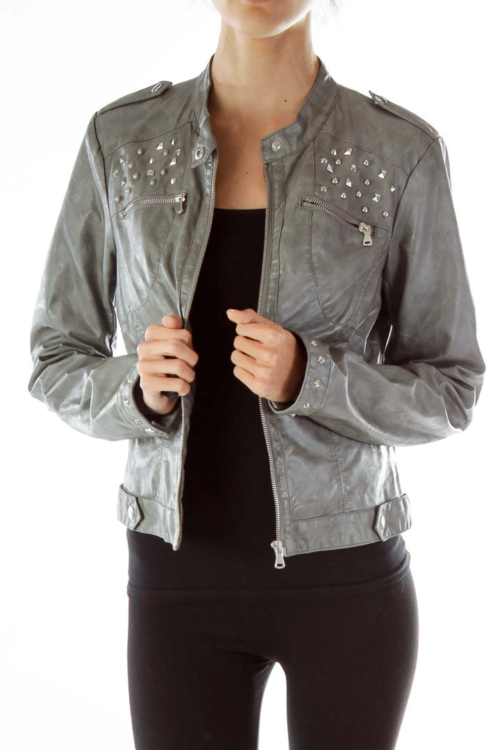 Gray Studded Faux-Leather Jacket