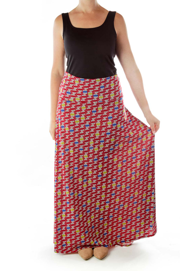 Red Blue Print Maxi Skirt