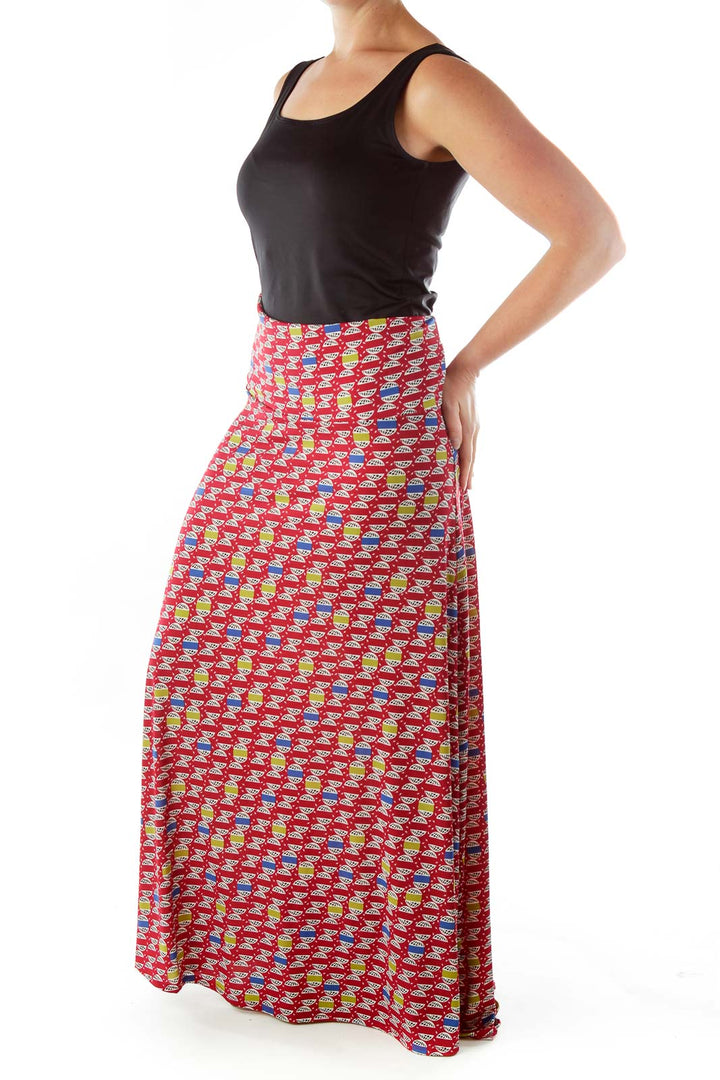 Red Blue Print Maxi Skirt