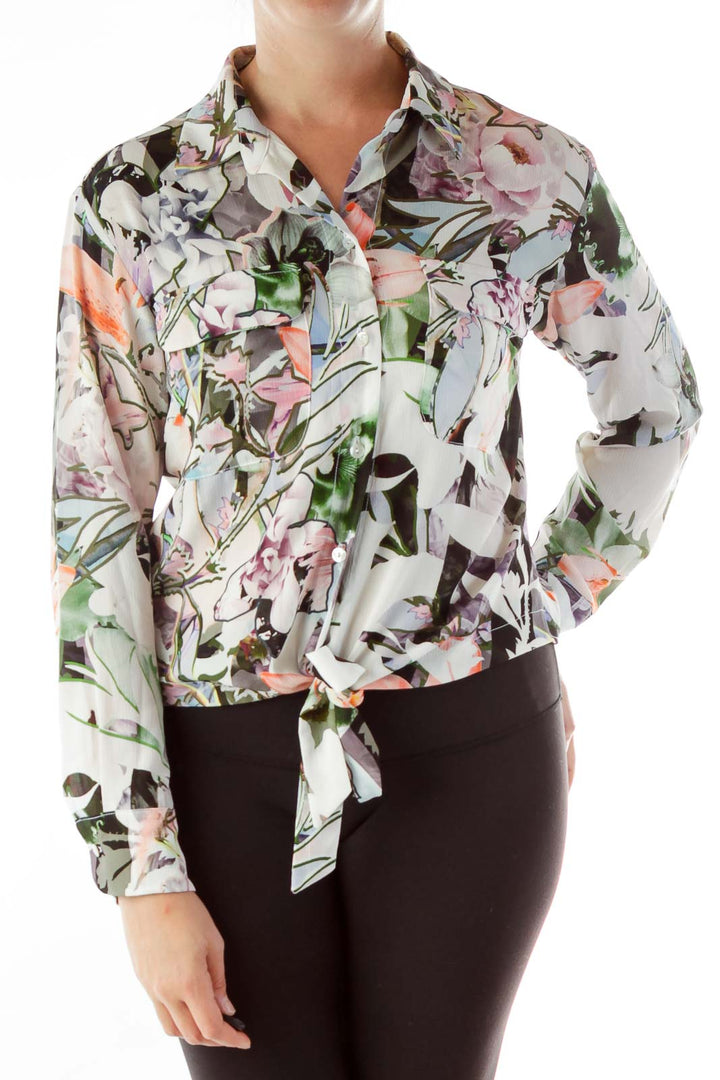 Beige Floral Print Buttoned Blouse