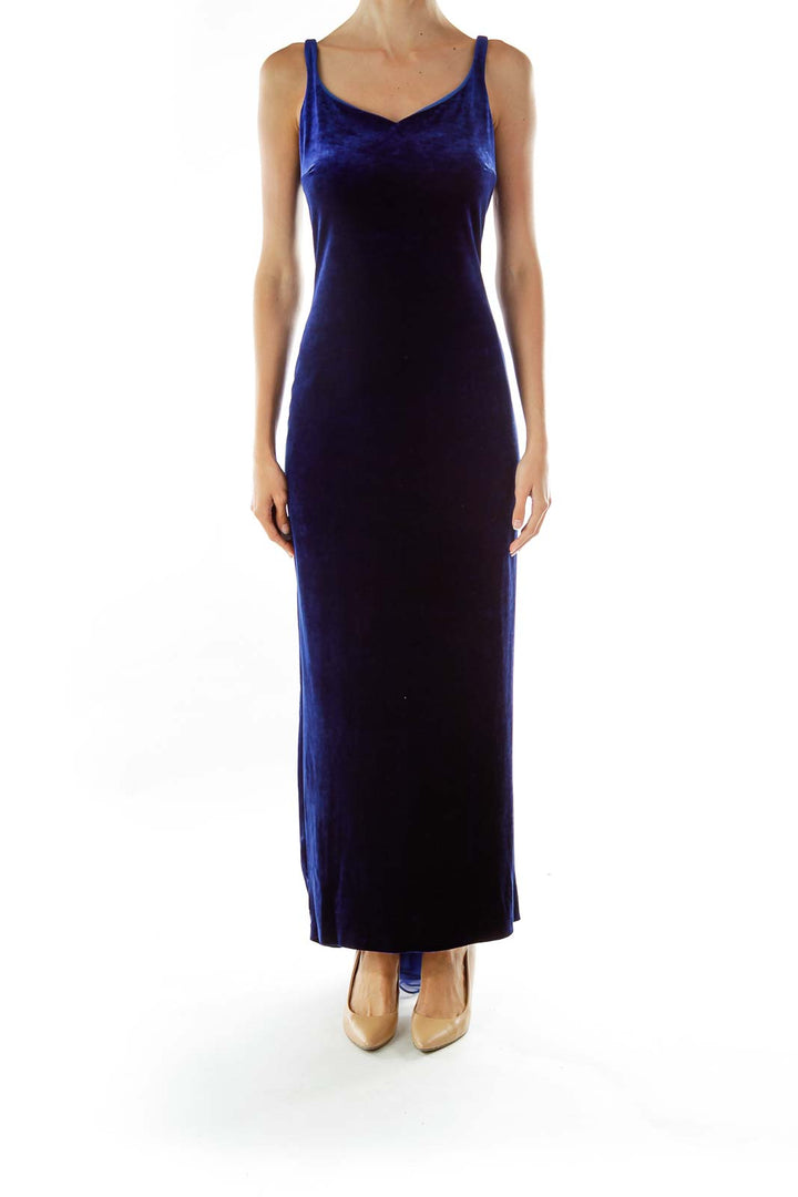 Blue Velvet Sleeveless Maxi Evening Dress