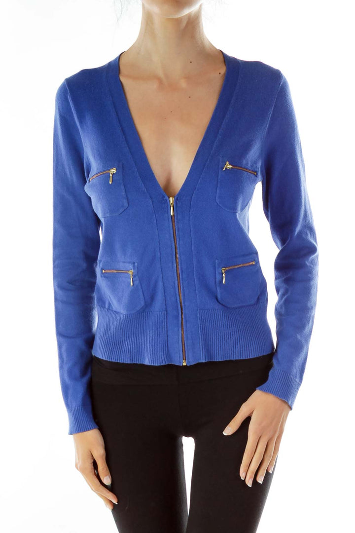 Blue Zippered V-neck Sweater