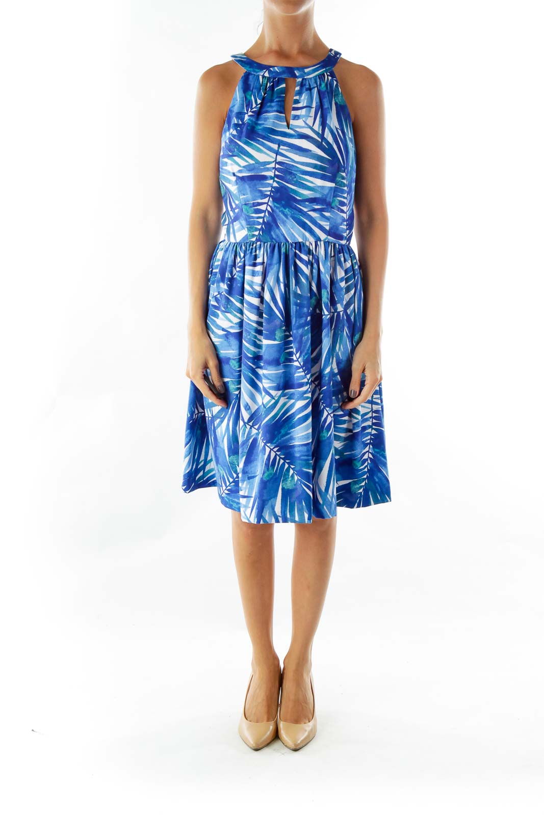 Blue White Leaf Print Dress