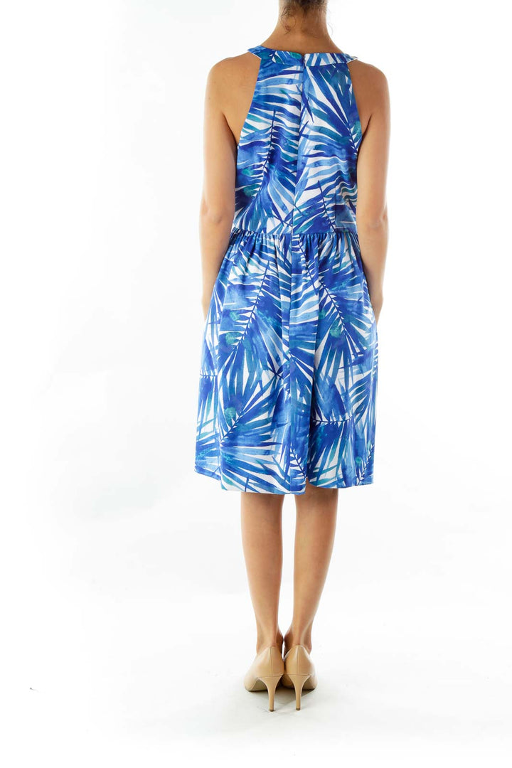 Blue White Leaf Print Dress