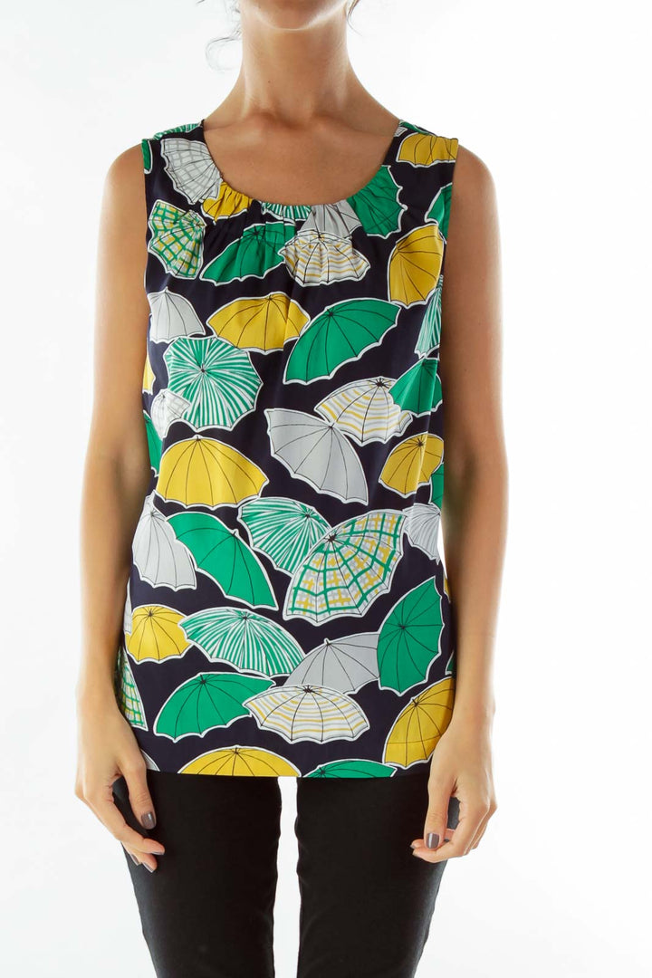 Navy Yellow Green Umbrella Print Top