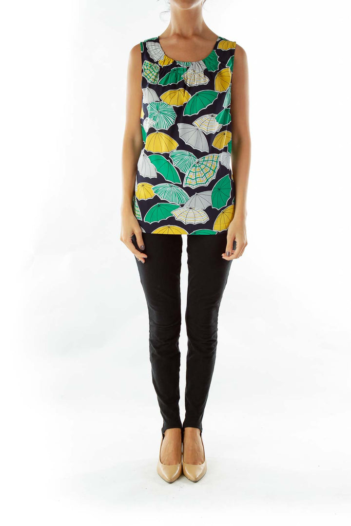 Navy Yellow Green Umbrella Print Top