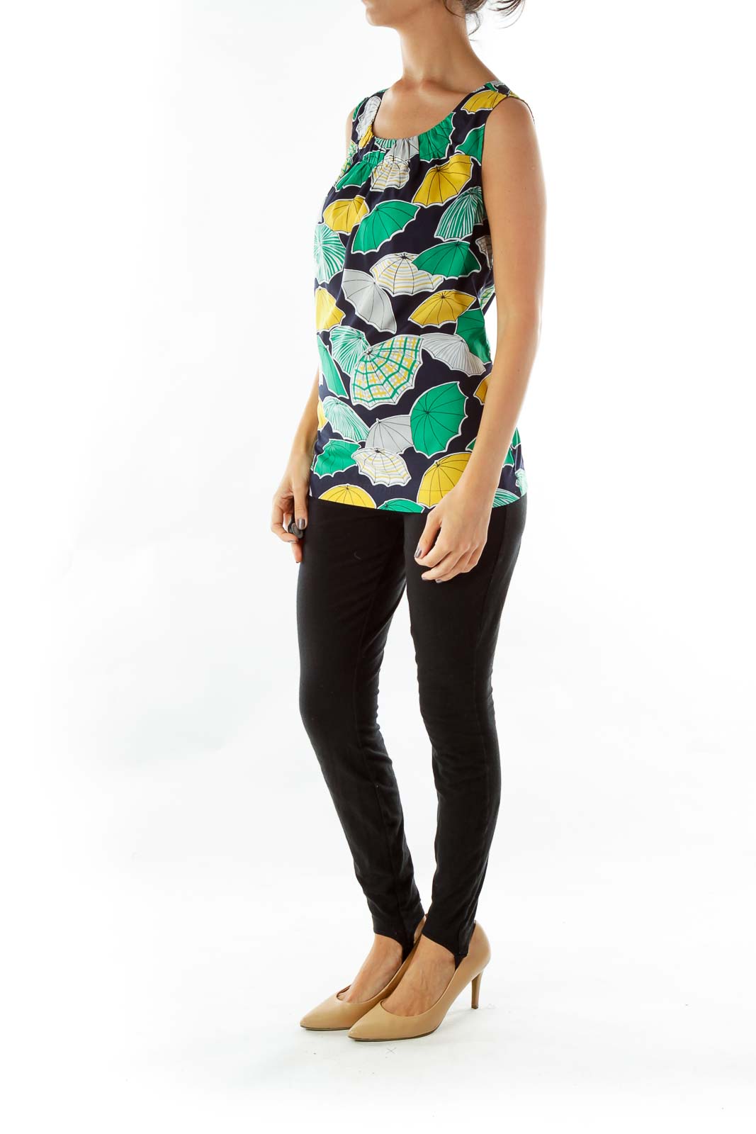 Navy Yellow Green Umbrella Print Top