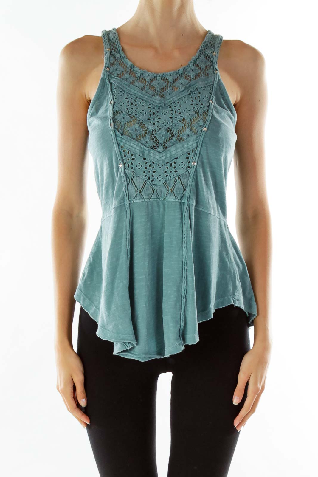 Front view of teal Free People peplum tank top with lace detailing