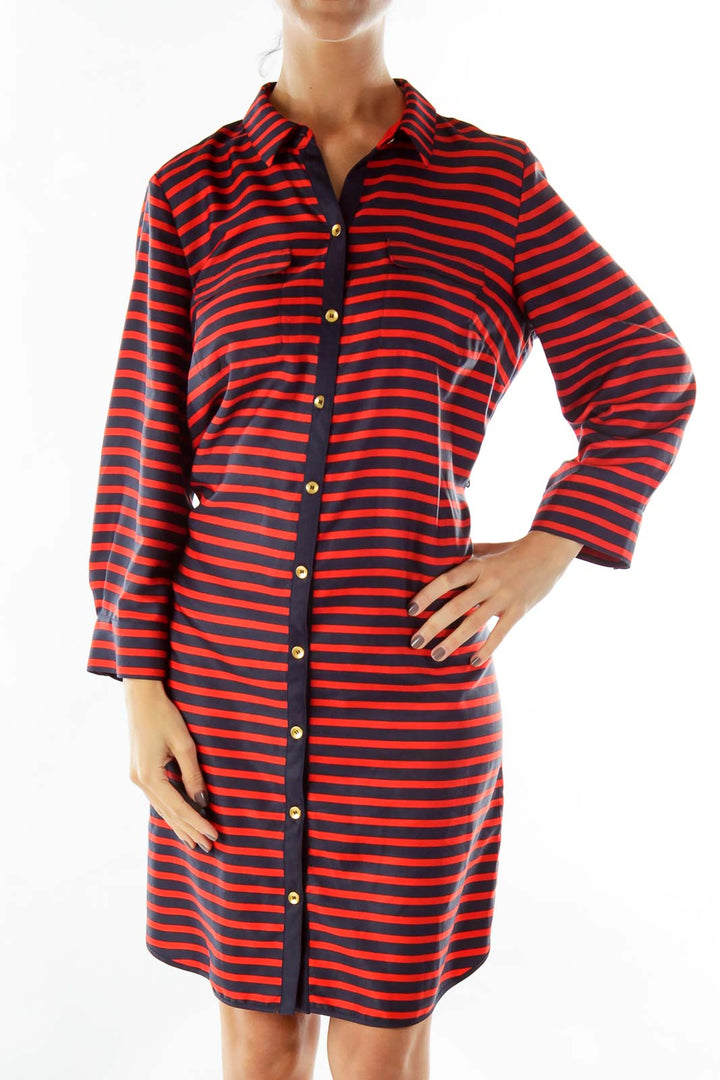 Blue Red Striped Shirt Dress