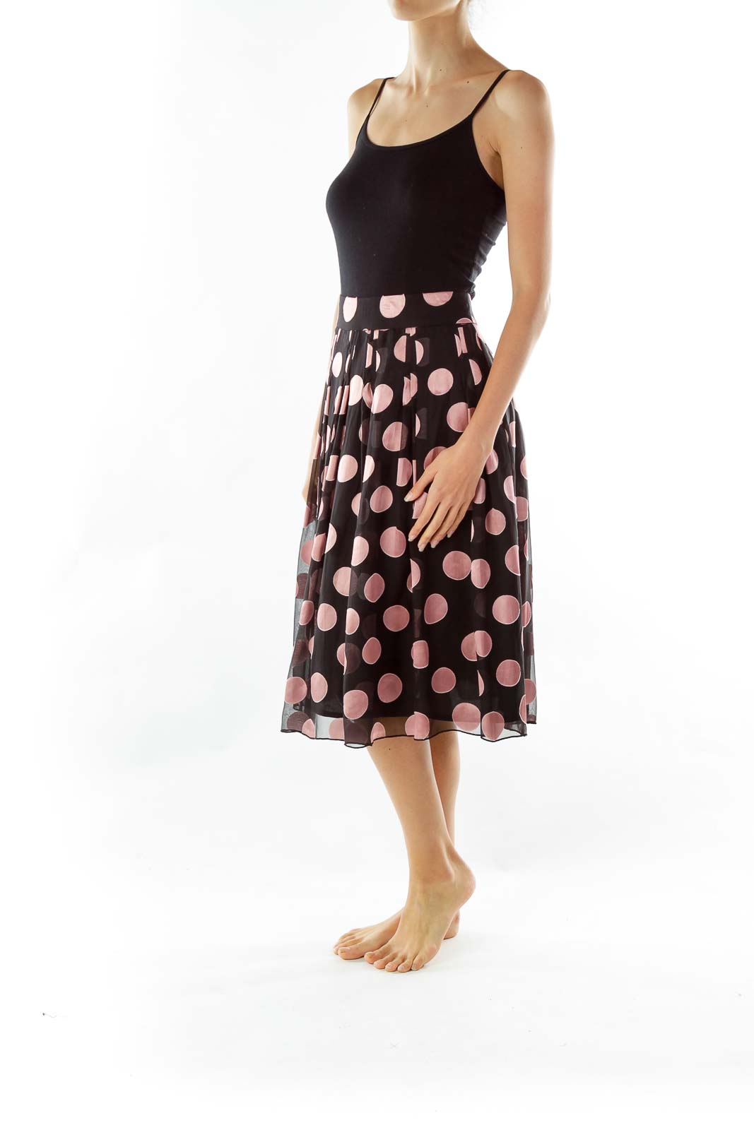 Black and Pink Polka Dot Midi Skirt