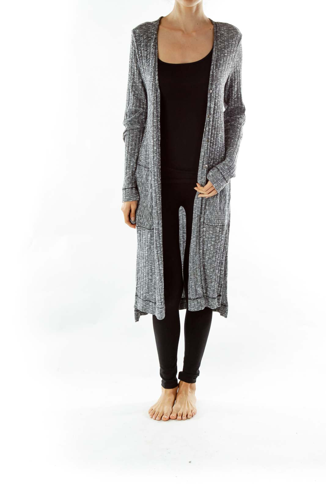 Gray Mottled Knit Long Cardigan