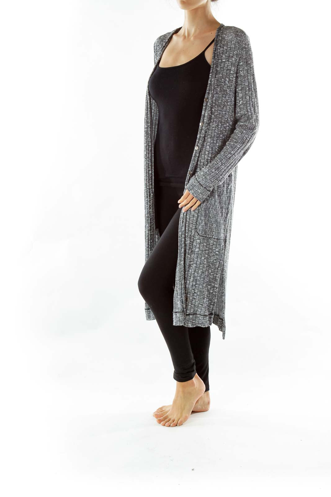 Gray Mottled Knit Long Cardigan