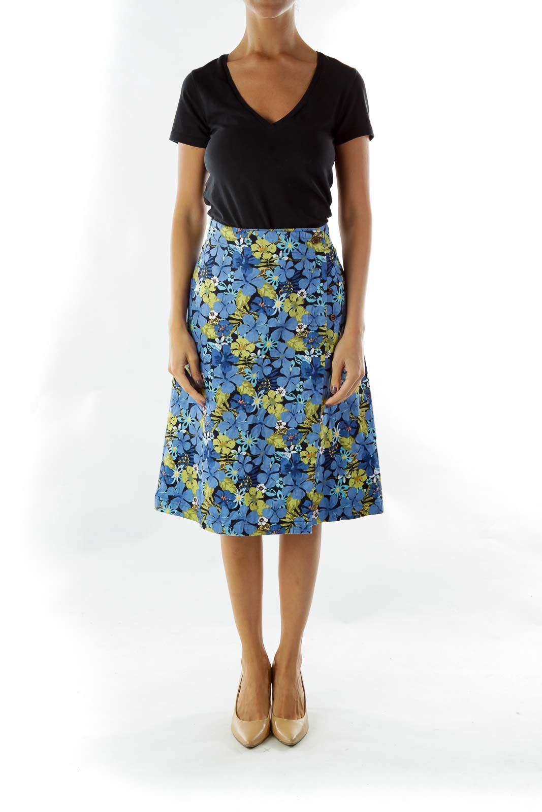 Blue Green Floral Pencil Skirt