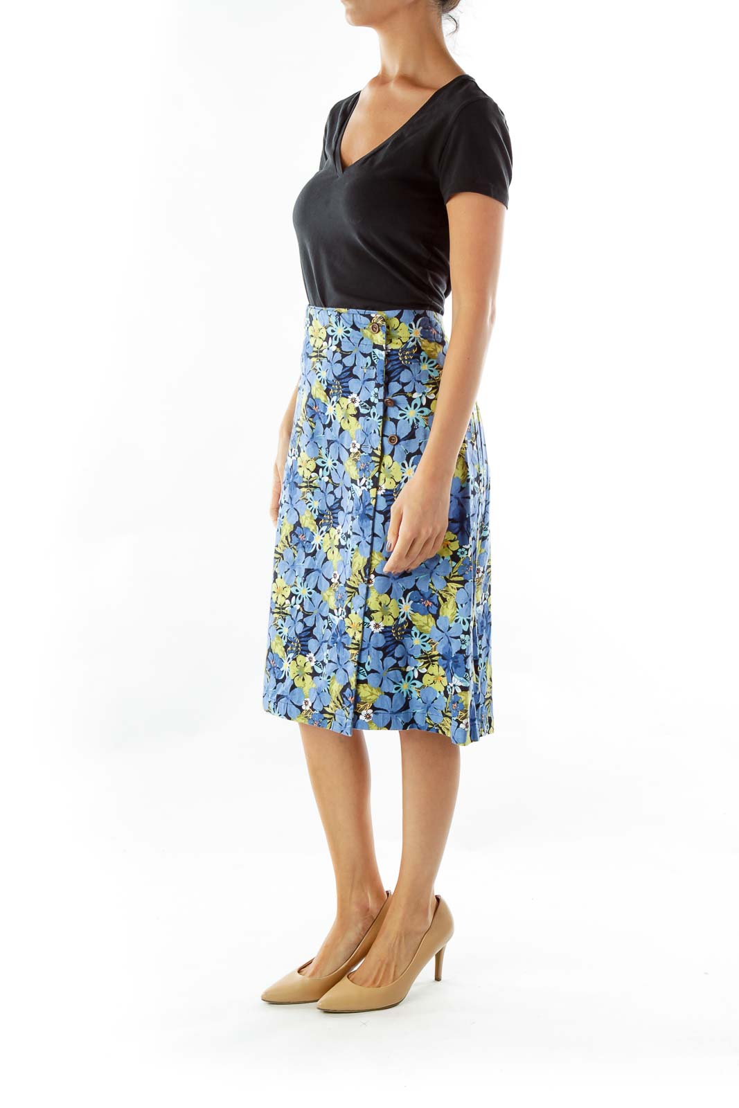 Blue Green Floral Pencil Skirt