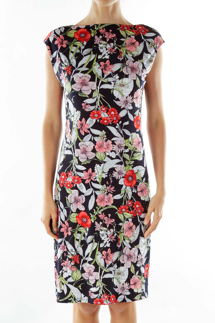 Black White Red Flower Print Midi Dress