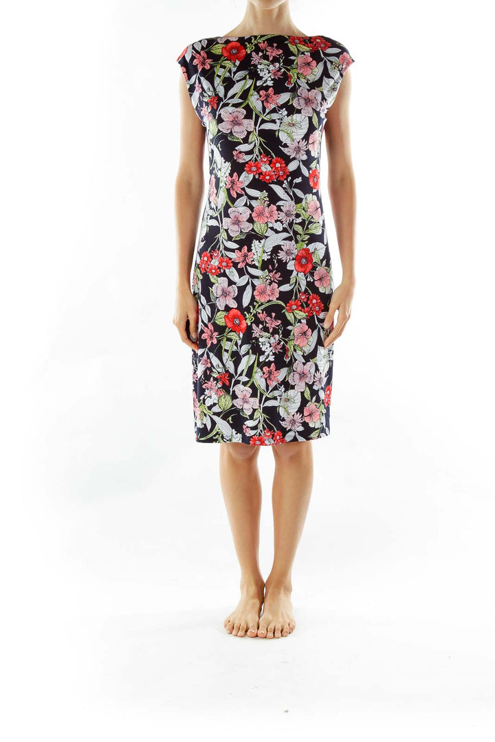 Black White Red Flower Print Midi Dress