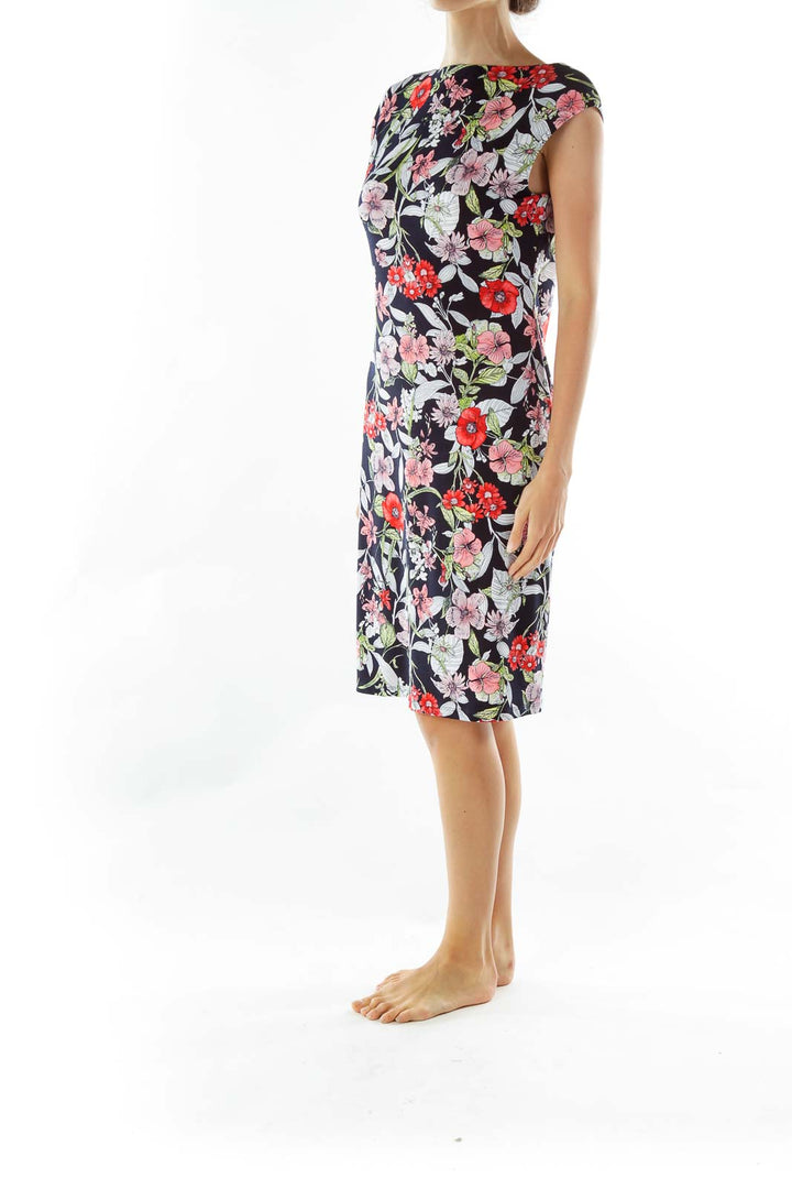 Black White Red Flower Print Midi Dress