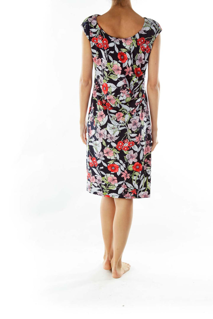 Black White Red Flower Print Midi Dress