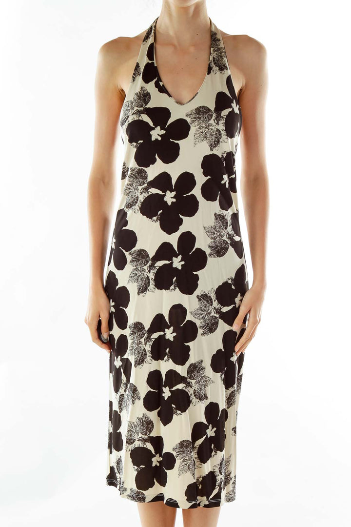 Black Beige Flower Print Halter Dress