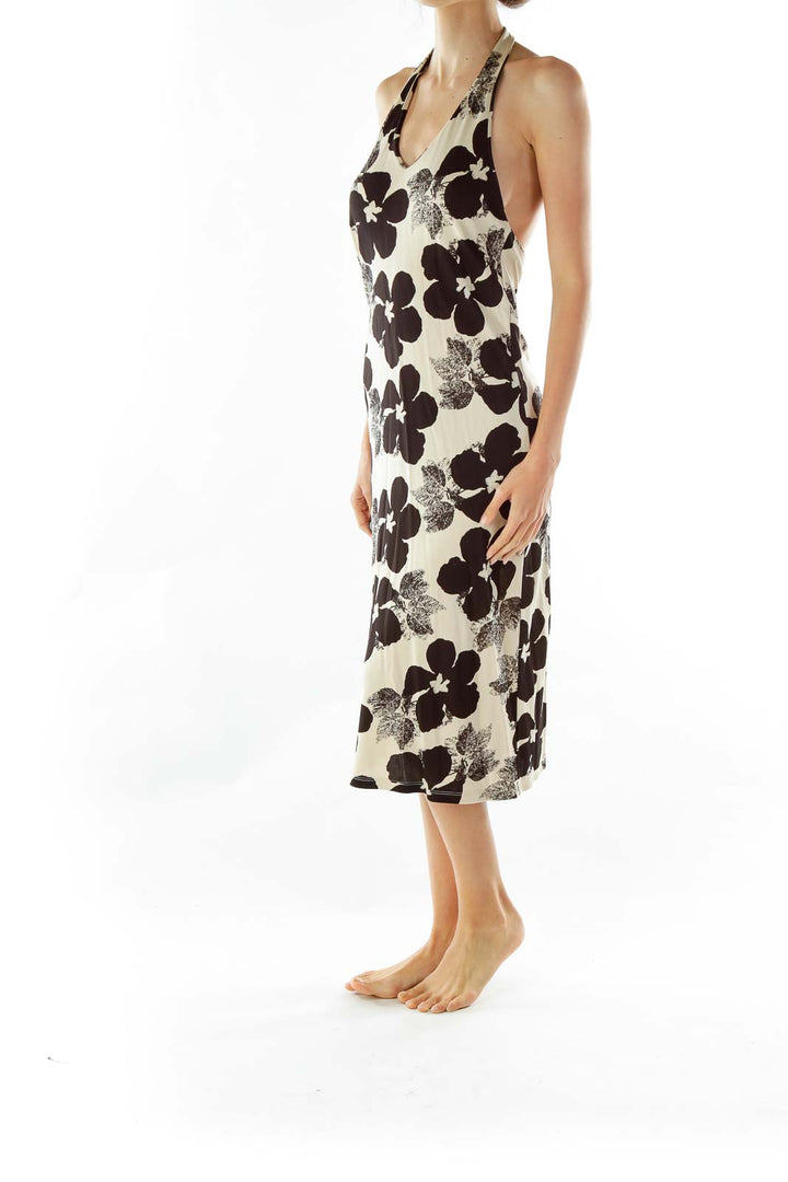 Black Beige Flower Print Halter Dress