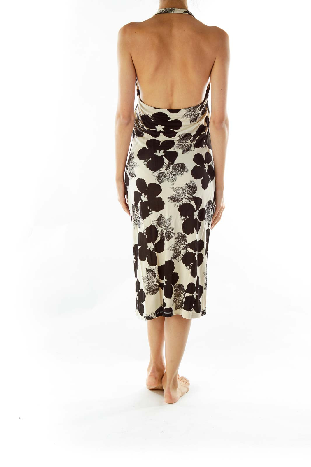 Black Beige Flower Print Halter Dress