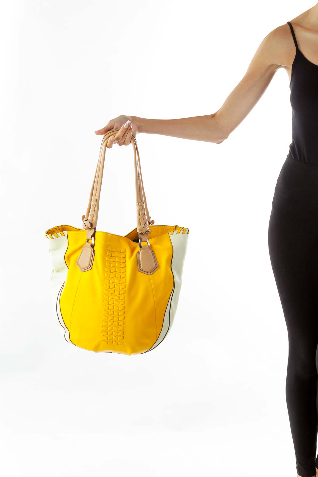 Yellow Cream Braided Leather Shoulder Bag