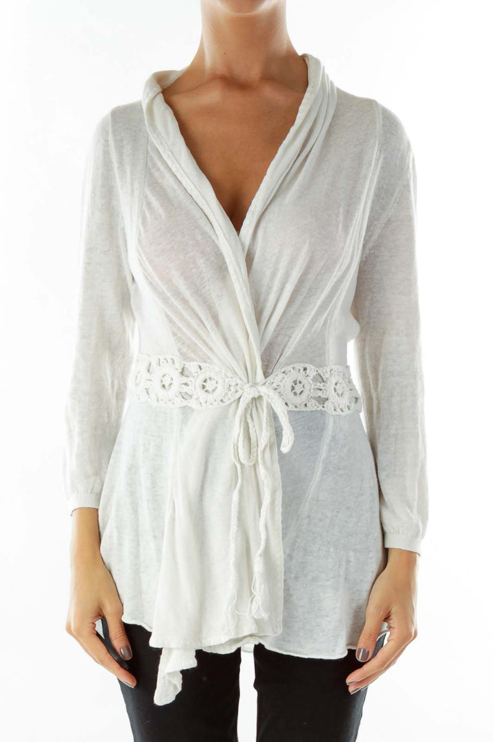 White Embroidered Braid Belt Cardigan