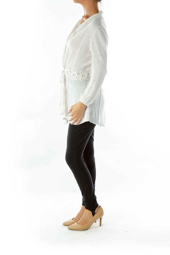 White Embroidered Braid Belt Cardigan