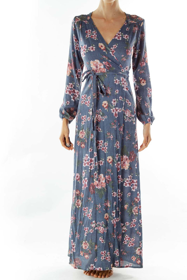 Blue Floral Wrap Maxi Day Dress