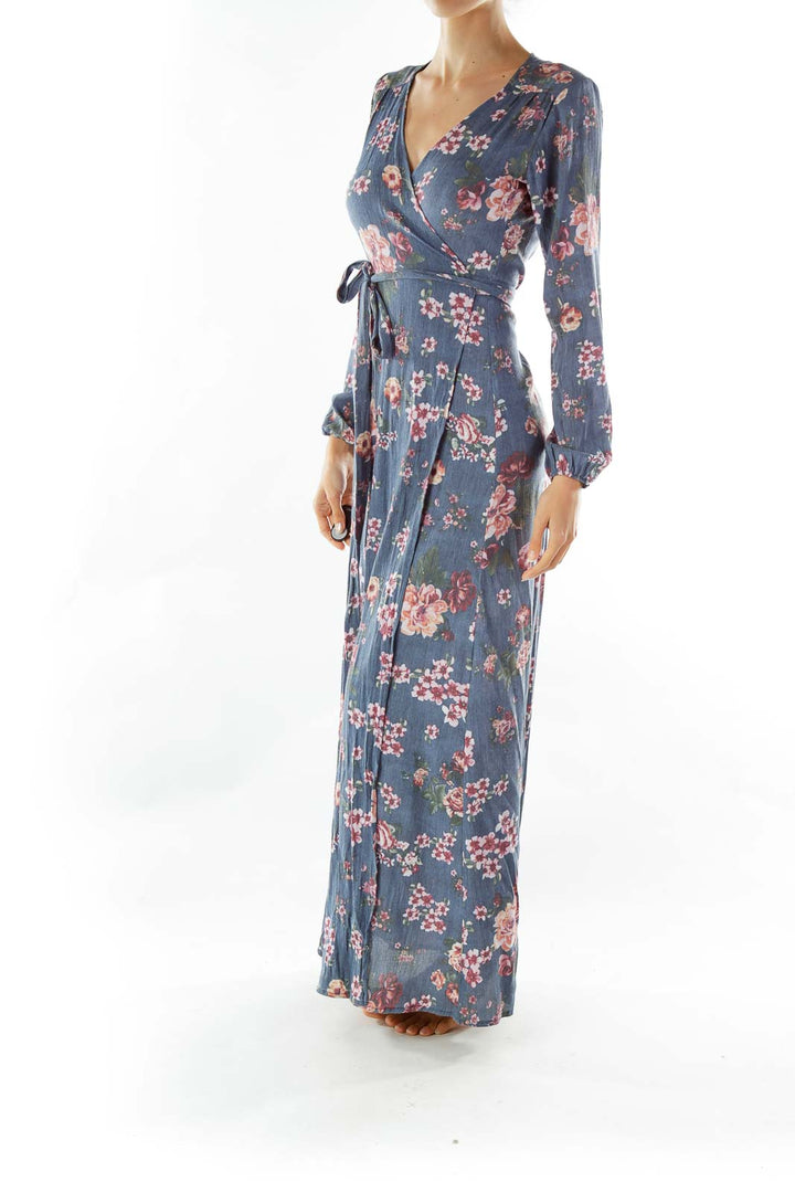 Blue Floral Wrap Maxi Day Dress