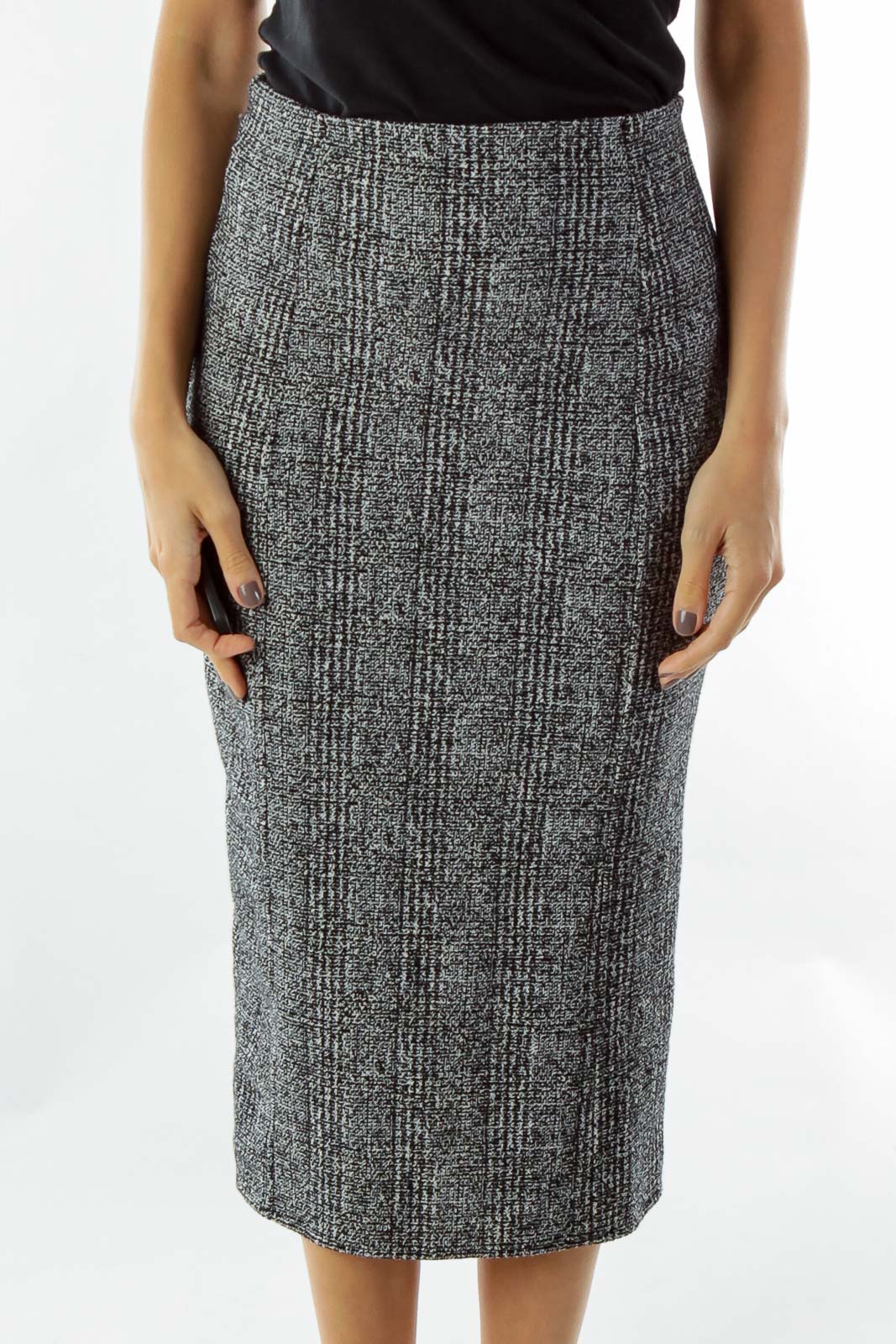 Front view of Free People Gray Plaid Midi Pencil Skirt on model