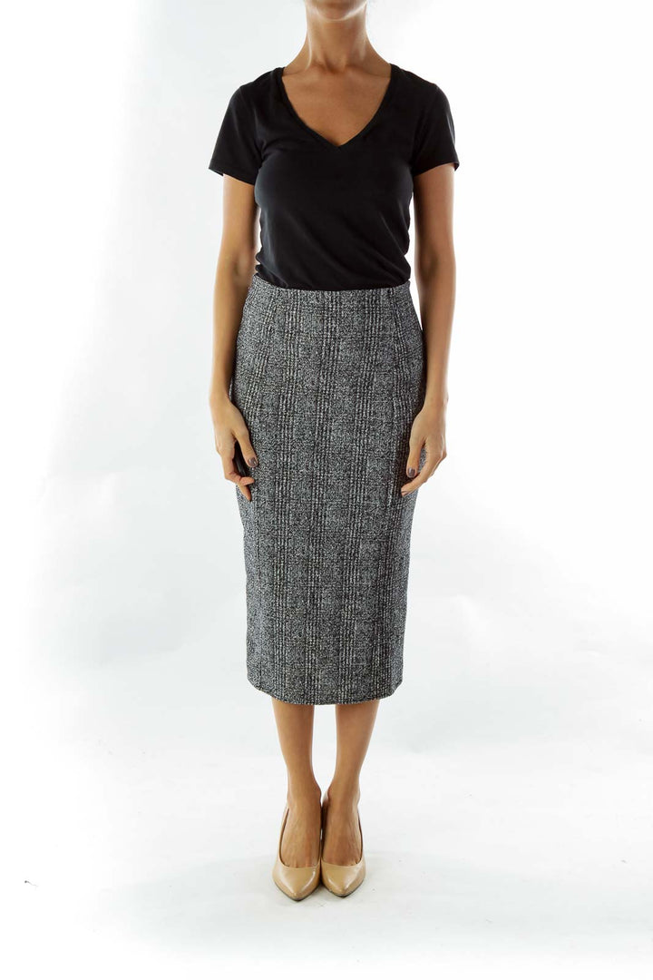 Front view of Free People Gray Plaid Midi Pencil Skirt on model