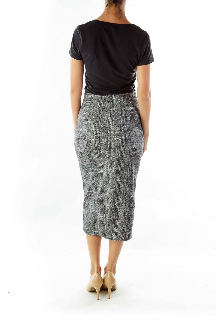 Back view of Free People Gray Plaid Midi Pencil Skirt on model