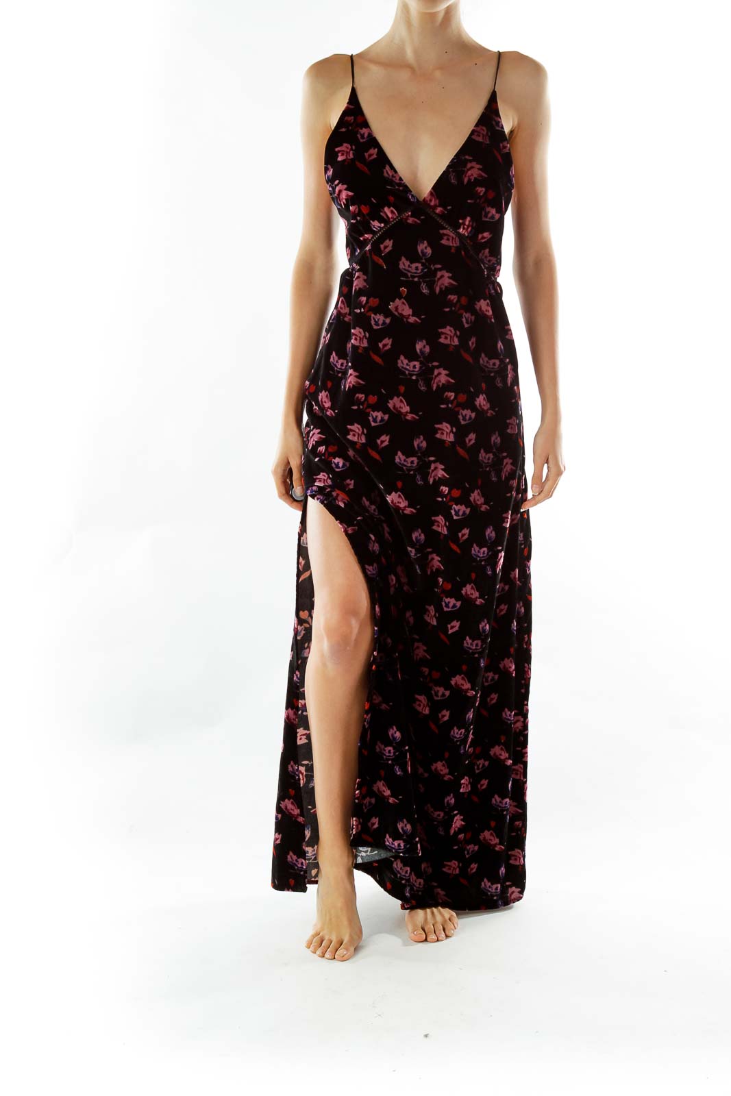 Black Pink Velvet Floral Maxi Dress