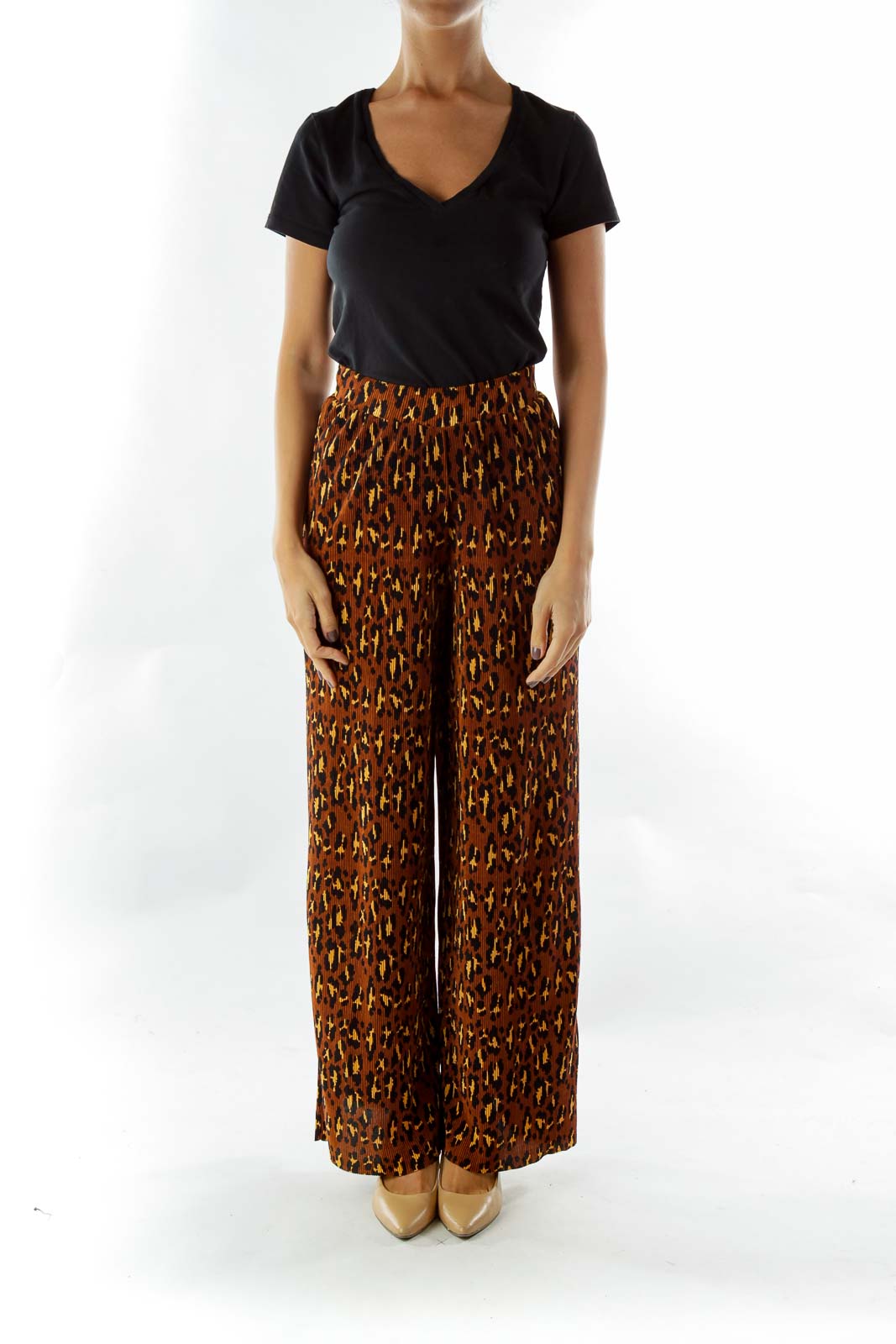 Brown Wide-Leg Leopard Print Pants