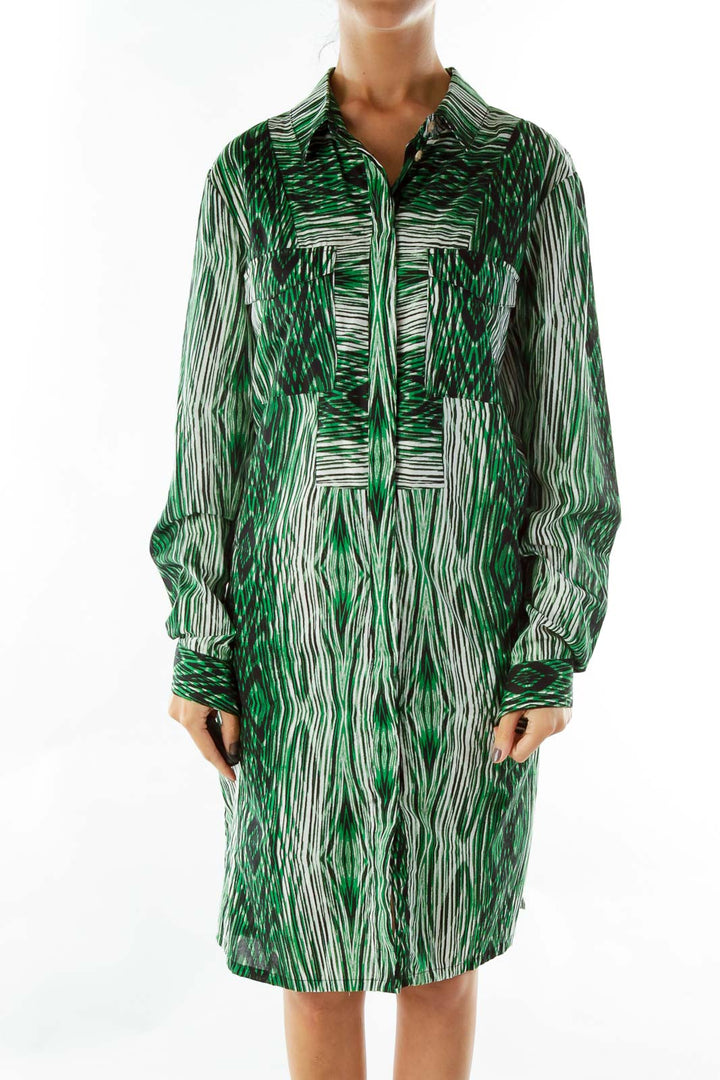 Green White Black Print Shirt Dress